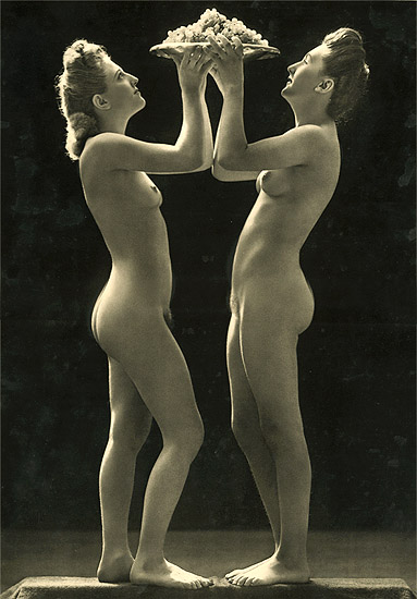 Jean-Marie Auradon - Two Nude Women Holding Plate of Grapes